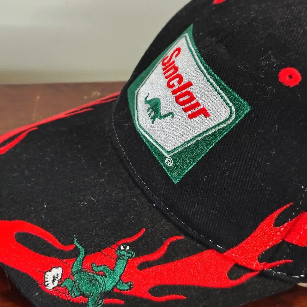 Sinclair Hat Cap Strap Back Black Red Dino Flame Racing Mens - Picture 6 of 12